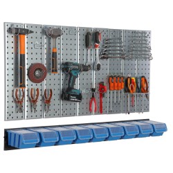 Werkzeugwand Metall 117x72 cm Lagersystem mit Werkzeughaltern Werkzeughaken und 9 Stapelboxen 