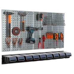 Werkzeugwand Metall 117x72 cm Lagersystem mit Werkzeughaltern Werkzeughaken und 9 Stapelboxen 